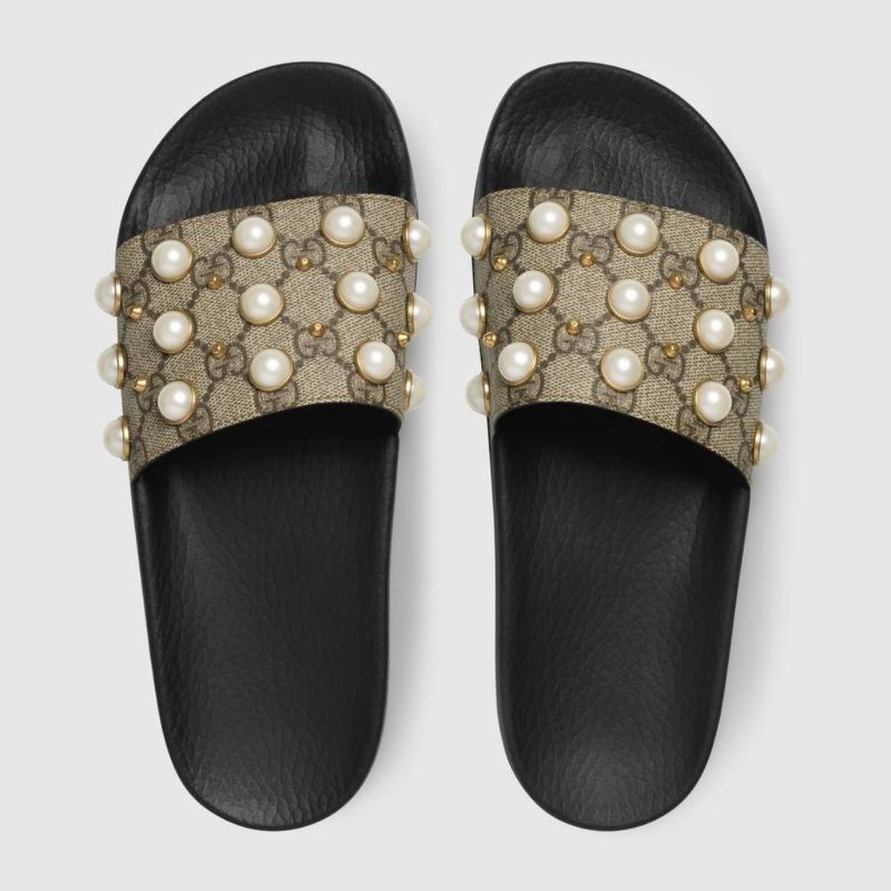 ISO: GUCCI GG Supreme Monogram Pearls Slide Sandals 40